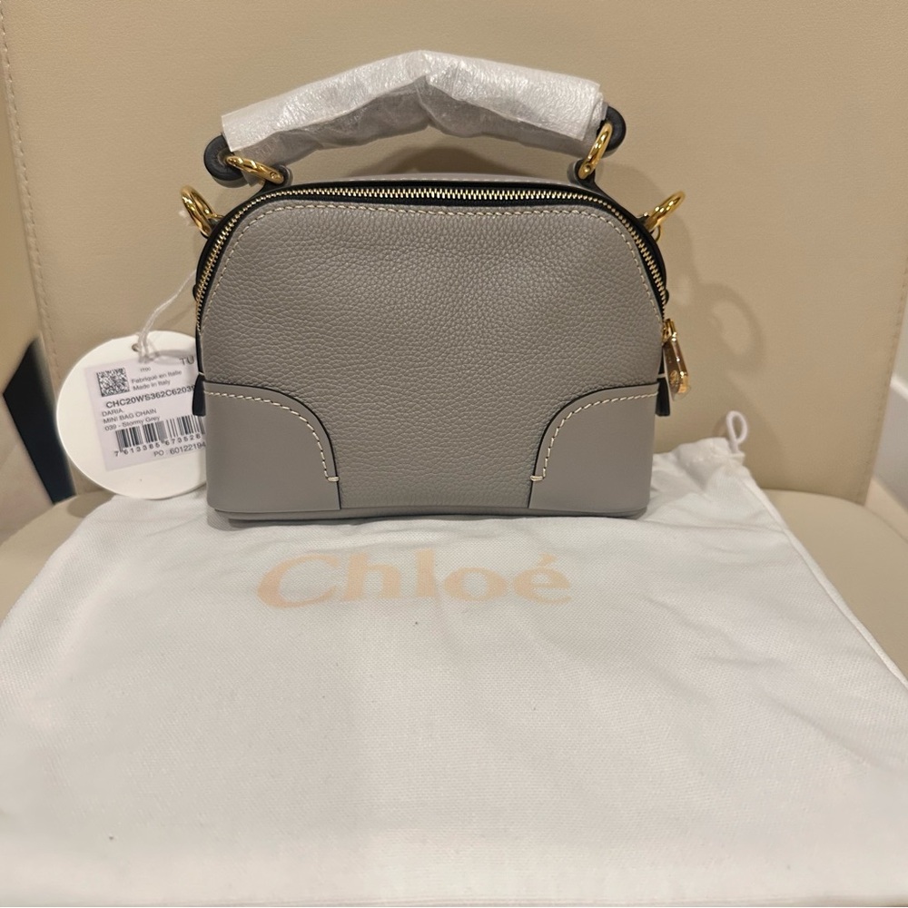 CHLOE Mini Daria Leather Chain Crossbody Shoulder Bag Stromy Gray NWT - Picture 16 of 16